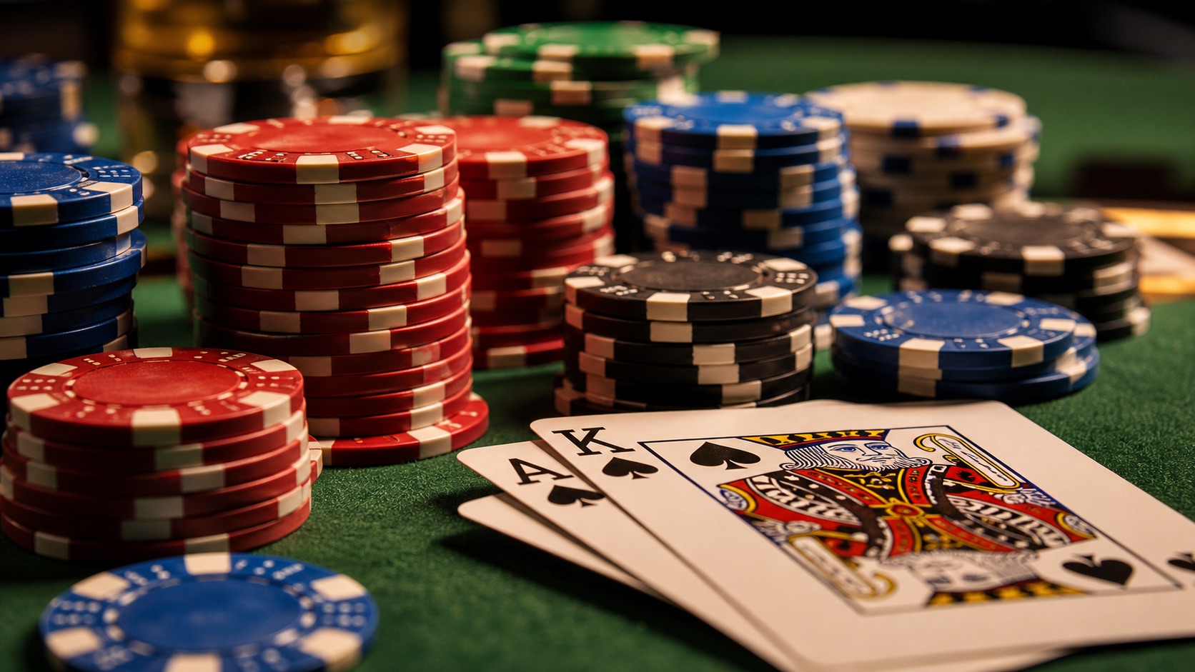Casino chips and playing cards on green felt.