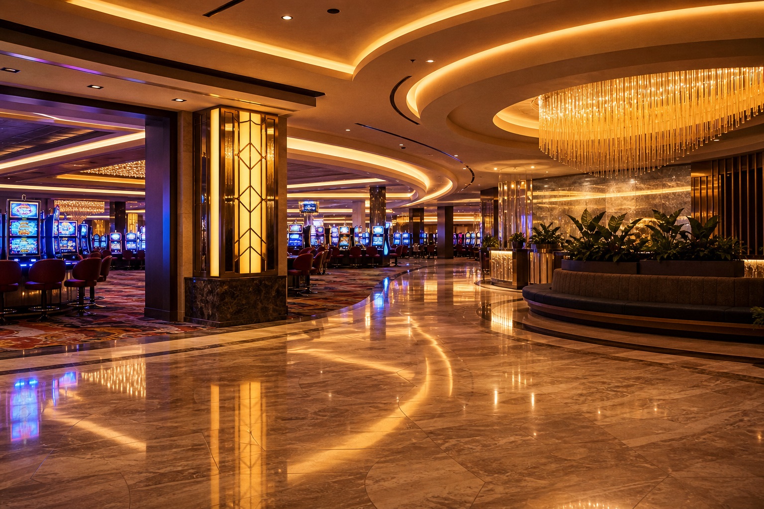 Bright casino entrance with warm lights.