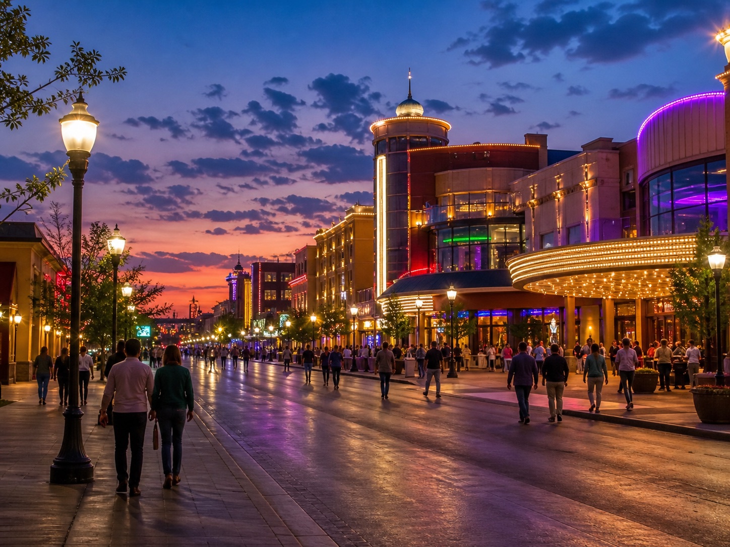 Lively casino entertainment district at dusk.