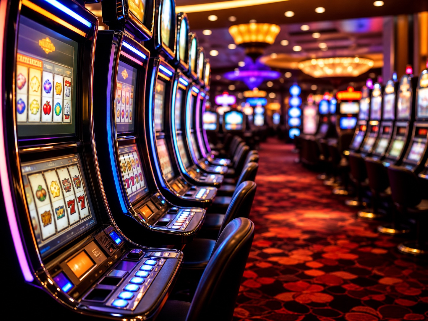 Bright slot machine aisle with colorful lights.